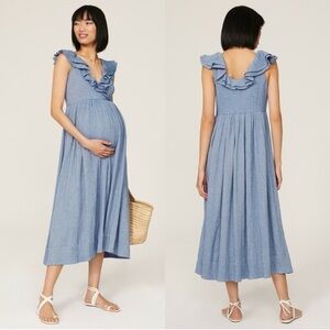HATCH NWT The Sarah Ruffle Midi Maternity Dress in Steel Blue Size S 4/6